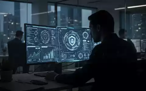 Eine dunkle Figur in einem modernen Büro betrachtet einen Computerbildschirm mit digitalen Sicherheitsdaten, was eine Bedrohung durch Innentäter darstellt. - Foto: über boerse-global.de