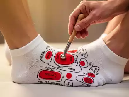 Nahaufnahme eines Fußes in einer weißen Druckpunkt-Socke, die mit roten Markierungen die Reflexzonen zeigt. Eine Hand drückt einen Massagestift auf einen Punkt. - Foto: über boerse-global.de