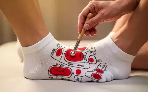 Nahaufnahme eines Fußes in einer weißen Druckpunkt-Socke, die mit roten Markierungen die Reflexzonen zeigt. Eine Hand drückt einen Massagestift auf einen Punkt. - Foto: über boerse-global.de