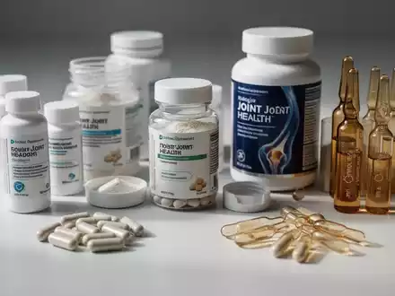 Nahaufnahme verschiedener Nahrungsergänzungsmittel für Gelenkgesundheit, darunter Kapseln, Pulver und Trinkampullen. - Foto: über boerse-global.de