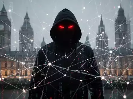 Eine stilisierte, abstrakte Darstellung digitaler Bedrohungen. Eine dunkle Figur mit leuchtend roten Augen inmitten eines Netzwerks - Foto: über boerse-global.de