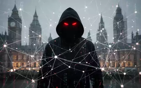 Eine stilisierte, abstrakte Darstellung digitaler Bedrohungen. Eine dunkle Figur mit leuchtend roten Augen inmitten eines Netzwerks - Foto: über boerse-global.de