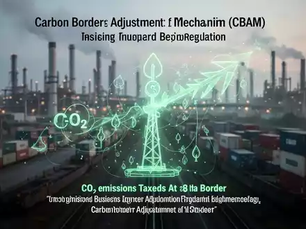 Eine stilisierte Darstellung von CO2-Emissionen, die an einer Grenze besteuert werden, mit einem unscharfen Industriehintergrund. - Foto: über boerse-global.de