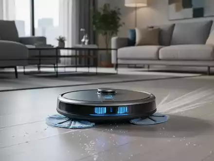 Ein moderner Saug-Wisch-Roboter reinigt effizient den Boden in einem stilvollen Wohnzimmer, symbolisiert technologische Haushaltsautomatisierung. - Foto: über boerse-global.de