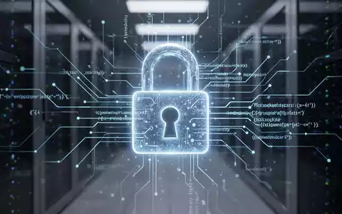 Leuchtendes digitales Vorhängeschloss über komplexem Code und Datenströmen, verschwommene Serverracks im Hintergrund. - Foto: über boerse-global.de