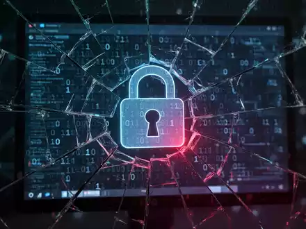 Digitales Vorhängeschloss über zersprungenem Computerbildschirm mit Binärcode, symbolisiert Cybersicherheitslücken und Datenlecks. - Foto: über boerse-global.de