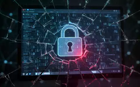 Digitales Vorhängeschloss über zersprungenem Computerbildschirm mit Binärcode, symbolisiert Cybersicherheitslücken und Datenlecks. - Foto: über boerse-global.de