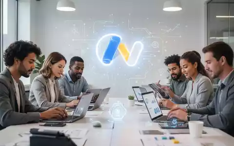 Stilisiertes, leuchtendes Google Workspace-Logo in einem modernen Büro mit kleinen Geschäftsleuten, die effizient mit Laptops und Tablets zusammenarbeiten. - Foto: über boerse-global.de