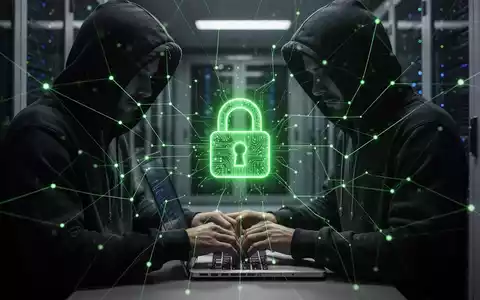 Verschwommene Gestalt in Kapuzenjacke tippt auf Laptop, grünes Vorhängeschloss und Datenströme symbolisieren Cyber-Bedrohungen. - Foto: über boerse-global.de