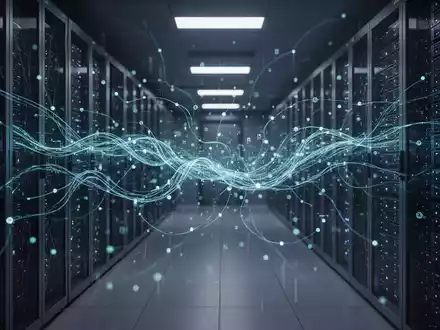 Abstrakte digitale Datenströme durch ein Netzwerk von Servern in einem Rechenzentrum, symbolisieren Datenwiederherstellung und Speicheroptimierung. - Foto: über boerse-global.de