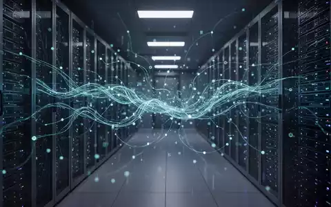 Abstrakte digitale Datenströme durch ein Netzwerk von Servern in einem Rechenzentrum, symbolisieren Datenwiederherstellung und Speicheroptimierung. - Foto: über boerse-global.de