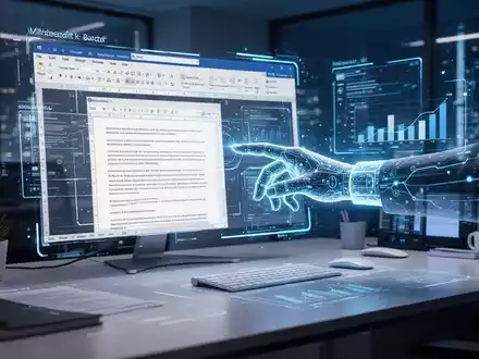 Holografische Projektion von Microsoft Word und Excel über einem modernen Schreibtisch, die KI-gestützte Dokumenterstellung zeigt. - Foto: über boerse-global.de