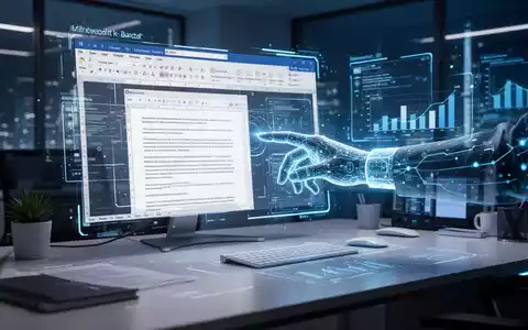Holografische Projektion von Microsoft Word und Excel über einem modernen Schreibtisch, die KI-gestützte Dokumenterstellung zeigt. - Foto: über boerse-global.de