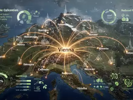 Eine stilisierte Karte der Alpenregion mit leuchtenden Verbindungslinien und Infografiken zu nachhaltiger Ernährung und Kreislaufwirtschaft. - Foto: über boerse-global.de