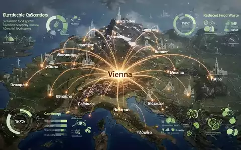 Eine stilisierte Karte der Alpenregion mit leuchtenden Verbindungslinien und Infografiken zu nachhaltiger Ernährung und Kreislaufwirtschaft. - Foto: über boerse-global.de