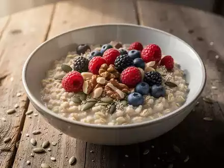 Eine appetitliche Schüssel Haferflocken mit Beeren, Nüssen und Samen auf einem Holztisch, beleuchtet von sanftem Morgenlicht. - Foto: über boerse-global.de