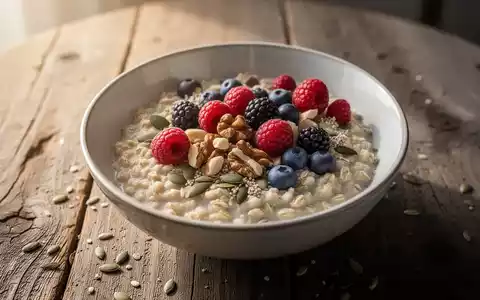 Eine appetitliche Schüssel Haferflocken mit Beeren, Nüssen und Samen auf einem Holztisch, beleuchtet von sanftem Morgenlicht. - Foto: über boerse-global.de