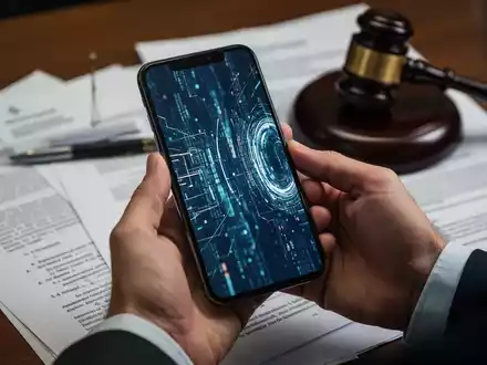 Hände halten ein Smartphone vor einem unscharfen Hintergrund mit juristischen Dokumenten und einem Richterhammer. - Foto: über boerse-global.de