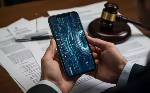 Hände halten ein Smartphone vor einem unscharfen Hintergrund mit juristischen Dokumenten und einem Richterhammer. - Foto: über boerse-global.de