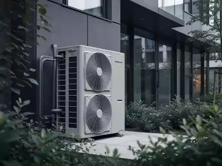 Eine moderne Wärmepumpe, die im Freien vor einem zeitgenössischen Gebäude installiert ist, umgeben von grüner Vegetation. - Foto: über boerse-global.de