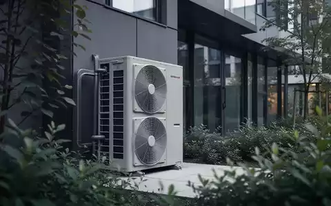 Eine moderne Wärmepumpe, die im Freien vor einem zeitgenössischen Gebäude installiert ist, umgeben von grüner Vegetation. - Foto: über boerse-global.de