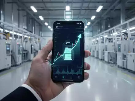 Eine Hand hält ein Smartphone mit einem steigenden Aktienkurs, im Hintergrund eine moderne Batteriefabrik. - Foto: über boerse-global.de