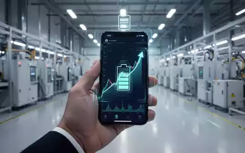Eine Hand hält ein Smartphone mit einem steigenden Aktienkurs, im Hintergrund eine moderne Batteriefabrik. - Foto: über boerse-global.de