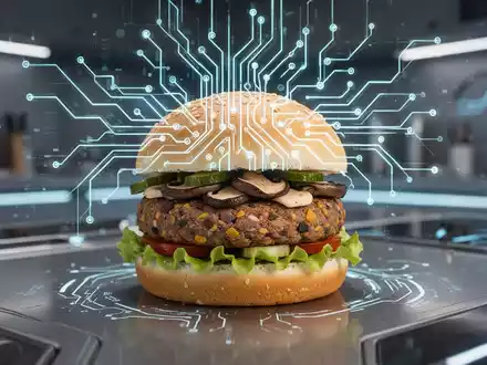 Eine Nahaufnahme eines Gourmet-Burgers mit einem pflanzlichen Patty, überlagert von einem stilisierten, leuchtenden neuronalen Netzwerk. - Foto: über boerse-global.de