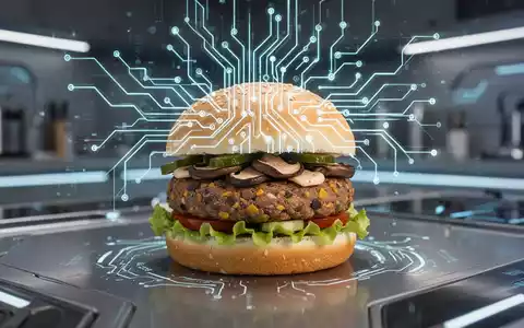 Eine Nahaufnahme eines Gourmet-Burgers mit einem pflanzlichen Patty, überlagert von einem stilisierten, leuchtenden neuronalen Netzwerk. - Foto: über boerse-global.de