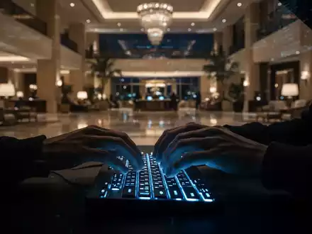 Hackerhände tippen auf Tastatur, verschwommene Hotellobby im Hintergrund, symbolisiert Cyberangriffe auf Hotels. - Foto: über boerse-global.de