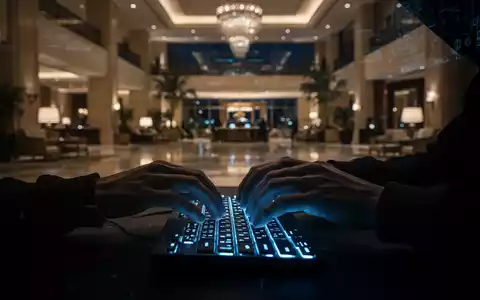 Hackerhände tippen auf Tastatur, verschwommene Hotellobby im Hintergrund, symbolisiert Cyberangriffe auf Hotels. - Foto: über boerse-global.de
