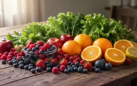 Eine Auswahl an frischem Obst und Gemüse, darunter Beeren, Blattgemüse und Zitrusfrüchte, auf einem Holztisch. - Foto: über boerse-global.de