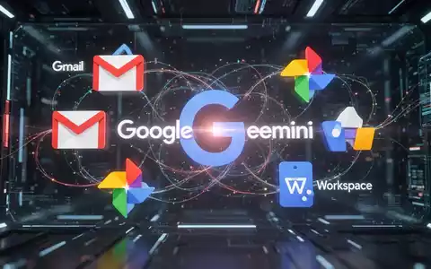 Digitale Oberfläche mit Google-Gemini-Logo, verbunden mit Symbolen für Gmail, Google Fotos und Google Workspace, symbolisiert Integration. - Foto: über boerse-global.de