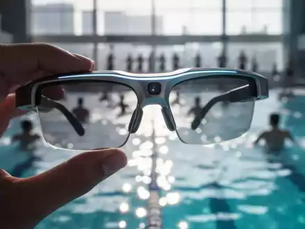 Eine Hand hält eine Smart Glass mit sichtbarer Kamera vor dem unscharfen Hintergrund eines öffentlichen Schwimmbades. - Foto: über boerse-global.de
