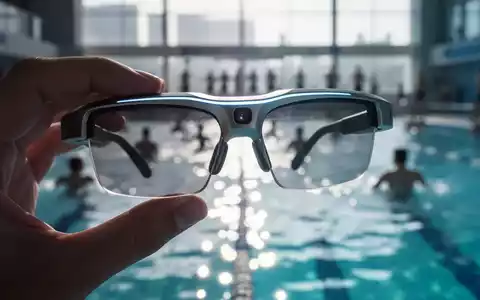Eine Hand hält eine Smart Glass mit sichtbarer Kamera vor dem unscharfen Hintergrund eines öffentlichen Schwimmbades. - Foto: über boerse-global.de
