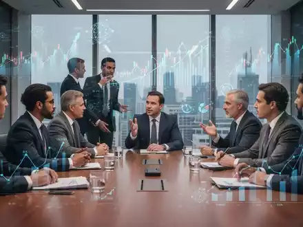 Eine Gruppe von Führungskräften in einem modernen Konferenzraum, die über Finanzdaten und KI-Strategien diskutieren. - Foto: über boerse-global.de
