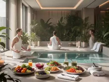 Ein ruhiger Wellnessbereich in einem Hotel mit einer meditierenden Person, gesunden Speisen und Pflanzen, die Langlebigkeit symbolisieren. - Foto: über boerse-global.de