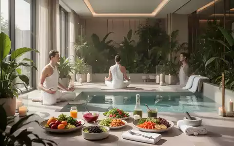 Ein ruhiger Wellnessbereich in einem Hotel mit einer meditierenden Person, gesunden Speisen und Pflanzen, die Langlebigkeit symbolisieren. - Foto: über boerse-global.de