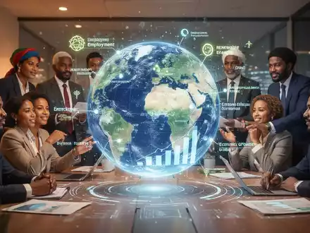 Eine Gruppe internationaler Geschäftsleute, die um ein digitales Hologramm der Welt versammelt sind und Daten zu Entwicklung und Nachhaltigkeit analysieren. - Foto: über boerse-global.de