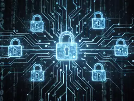 Ein stilisiertes, leuchtend blaues neuronales Netz mit digitalen Schlosssymbolen, das KI-Compliance und Datensicherheit darstellt. - Foto: über boerse-global.de