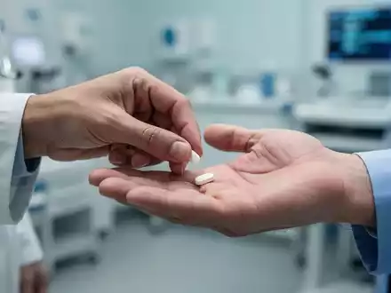 Nahaufnahme einer Hand, die eine kleine, weiße Pille in die Handfläche einer anderen Person legt, im Hintergrund ein medizinisches Umfeld. - Foto: über boerse-global.de