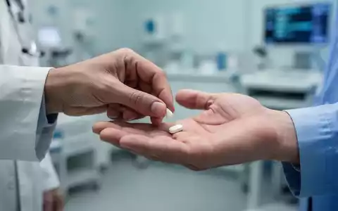 Nahaufnahme einer Hand, die eine kleine, weiße Pille in die Handfläche einer anderen Person legt, im Hintergrund ein medizinisches Umfeld. - Foto: über boerse-global.de