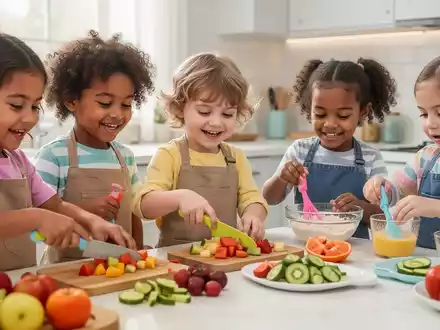 Kinder bereiten in einer hellen Küche ein gesundes Frühstück zu, schneiden Obst und Gemüse und mischen Zutaten. - Foto: über boerse-global.de