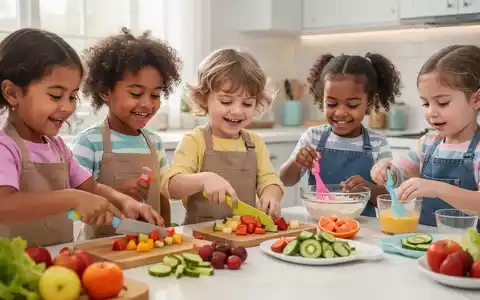 Kinder bereiten in einer hellen Küche ein gesundes Frühstück zu, schneiden Obst und Gemüse und mischen Zutaten. - Foto: über boerse-global.de