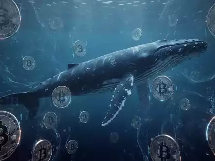 Eine stilisierte blaue Walsilhouette schwimmt durch ein Meer aus Litecoin-Symbolen und Blockchain-Elementen, die große Transaktionen darstellen. - Foto: über boerse-global.de