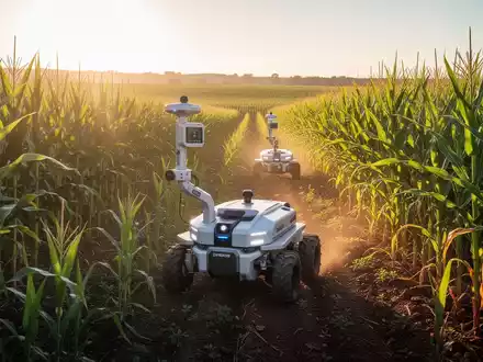 Autonome Agrarroboter mit Sensoren und Roboterarmen navigieren durch ein Maisfeld bei Sonnenlicht. - Foto: über boerse-global.de