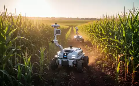 Autonome Agrarroboter mit Sensoren und Roboterarmen navigieren durch ein Maisfeld bei Sonnenlicht. - Foto: über boerse-global.de