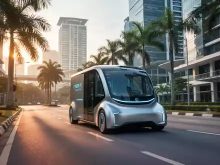 Ein autonomes elektrisches Lieferfahrzeug auf einer Straße in Cyberjaya, Malaysia, mit modernen Gebäuden und Palmen im Hintergrund. - Foto: über boerse-global.de