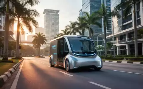 Ein autonomes elektrisches Lieferfahrzeug auf einer Straße in Cyberjaya, Malaysia, mit modernen Gebäuden und Palmen im Hintergrund. - Foto: über boerse-global.de