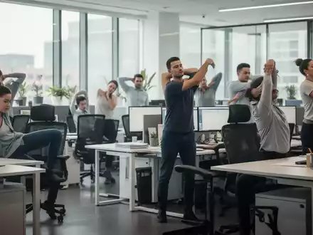 Büroangestellte führen Diskretionen Dehnübungen an ihren Schreibtischen in einem modernen Büro durch. - Foto: über boerse-global.de